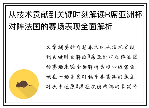 从技术贡献到关键时刻解读B席亚洲杯对阵法国的赛场表现全面解析