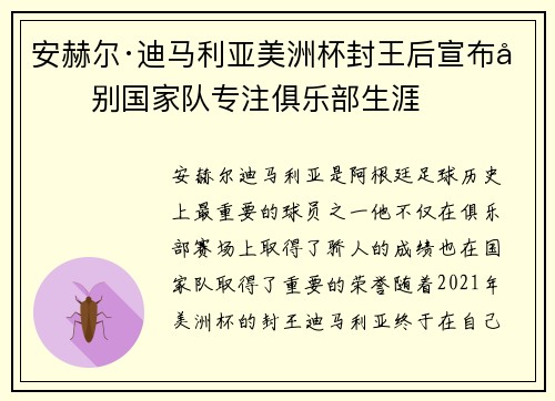 安赫尔·迪马利亚美洲杯封王后宣布告别国家队专注俱乐部生涯 安赫尔·迪马利亚美洲杯封王后宣布告别国家队专注俱乐部生涯